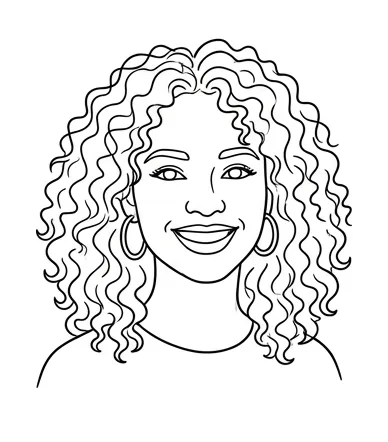 Line portrait of a smiling woman with curly hair