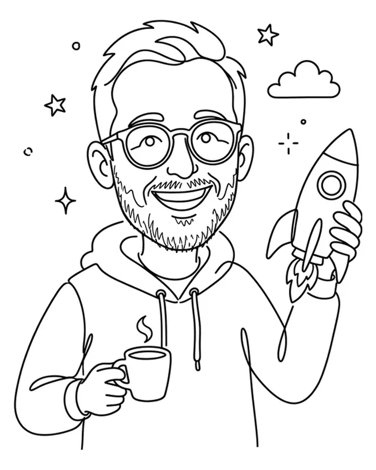 Caricature of a smiling founder holding a coffee cup and a rocket