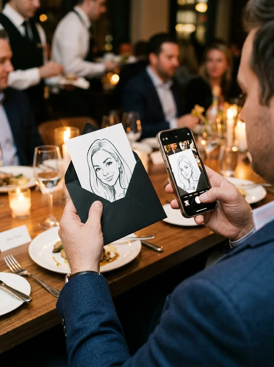 A dinner guest photographing his ink portrait card with a phone