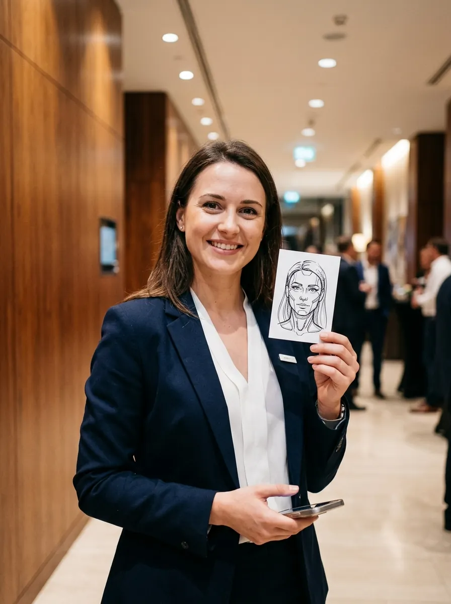 A smiling guest holding up her finished ink portrait card