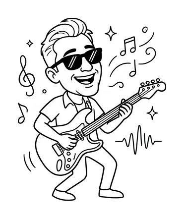 Caricature of a guitarist in sunglasses with music notes