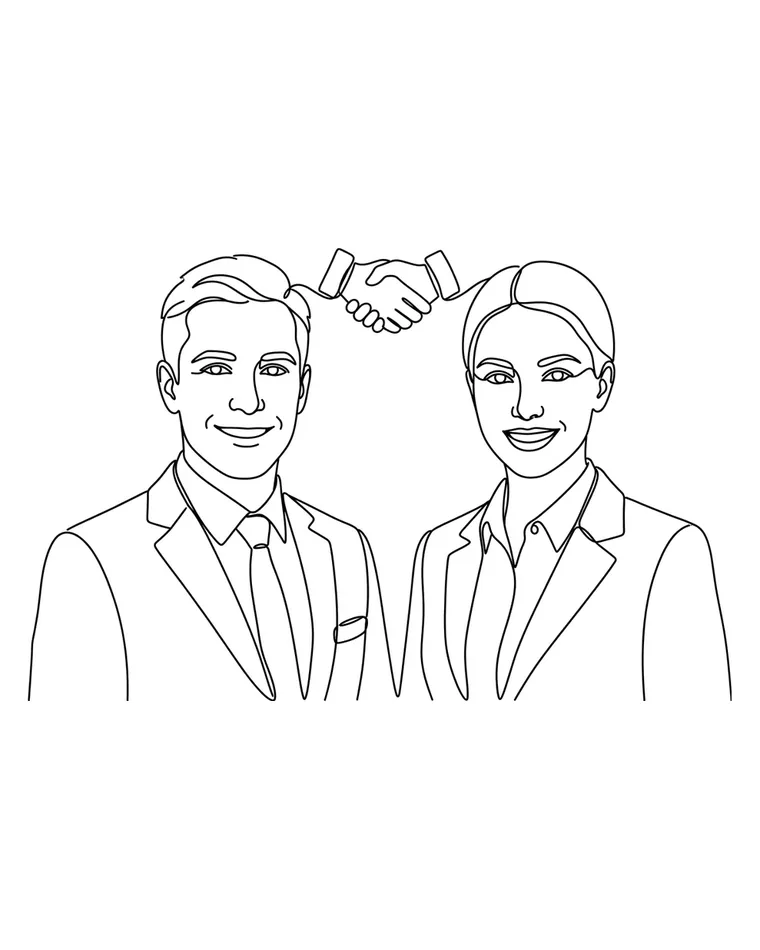 Line portrait of two business colleagues with a handshake icon