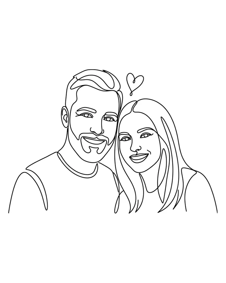 Line portrait of a couple with a small heart drawn above them