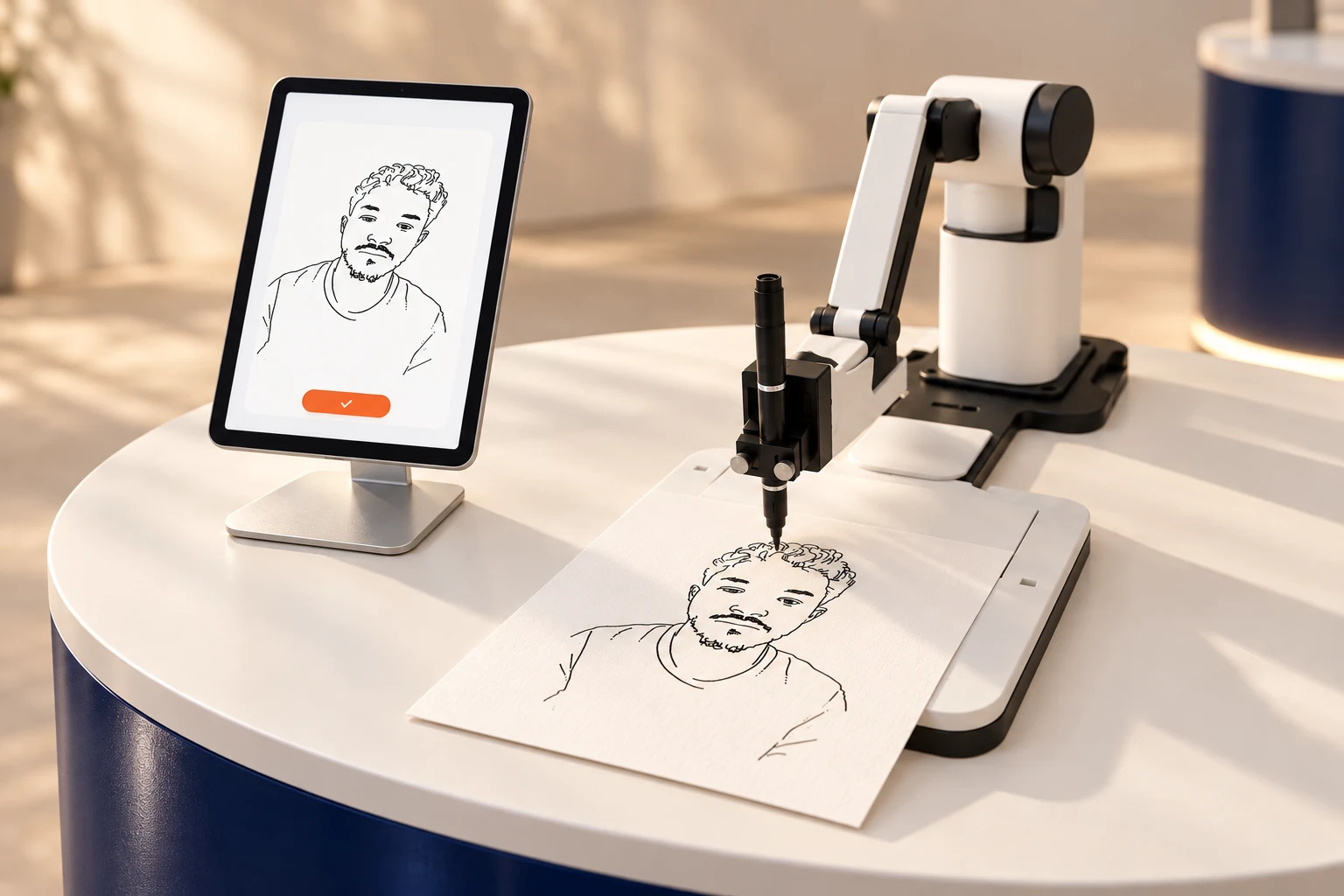 Illustrative close-up of the iPad portrait preview beside the robot drawing the portrait on paper